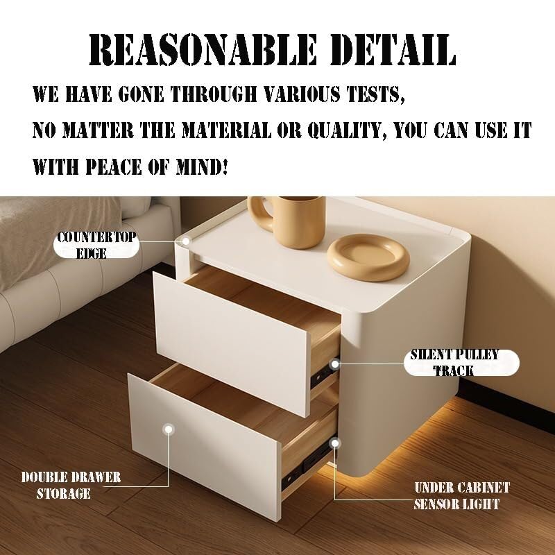 Bedside Table with Bottom Sensor Light, Smart Lighted Nightstand with Drawers for Bedroom Furniture(Grey) WoodArtSupply