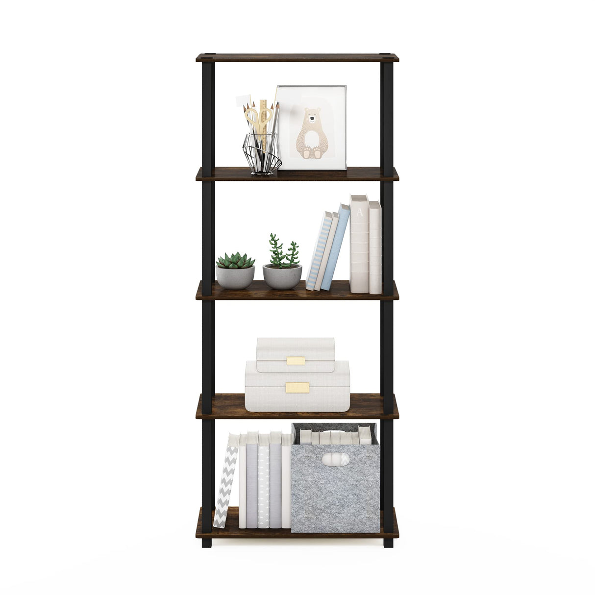Furinno Turn-S-Tube 5-Tier Multipurpose Shelf Display Rack with Square Tubes, Amber Pine/Black Furinno