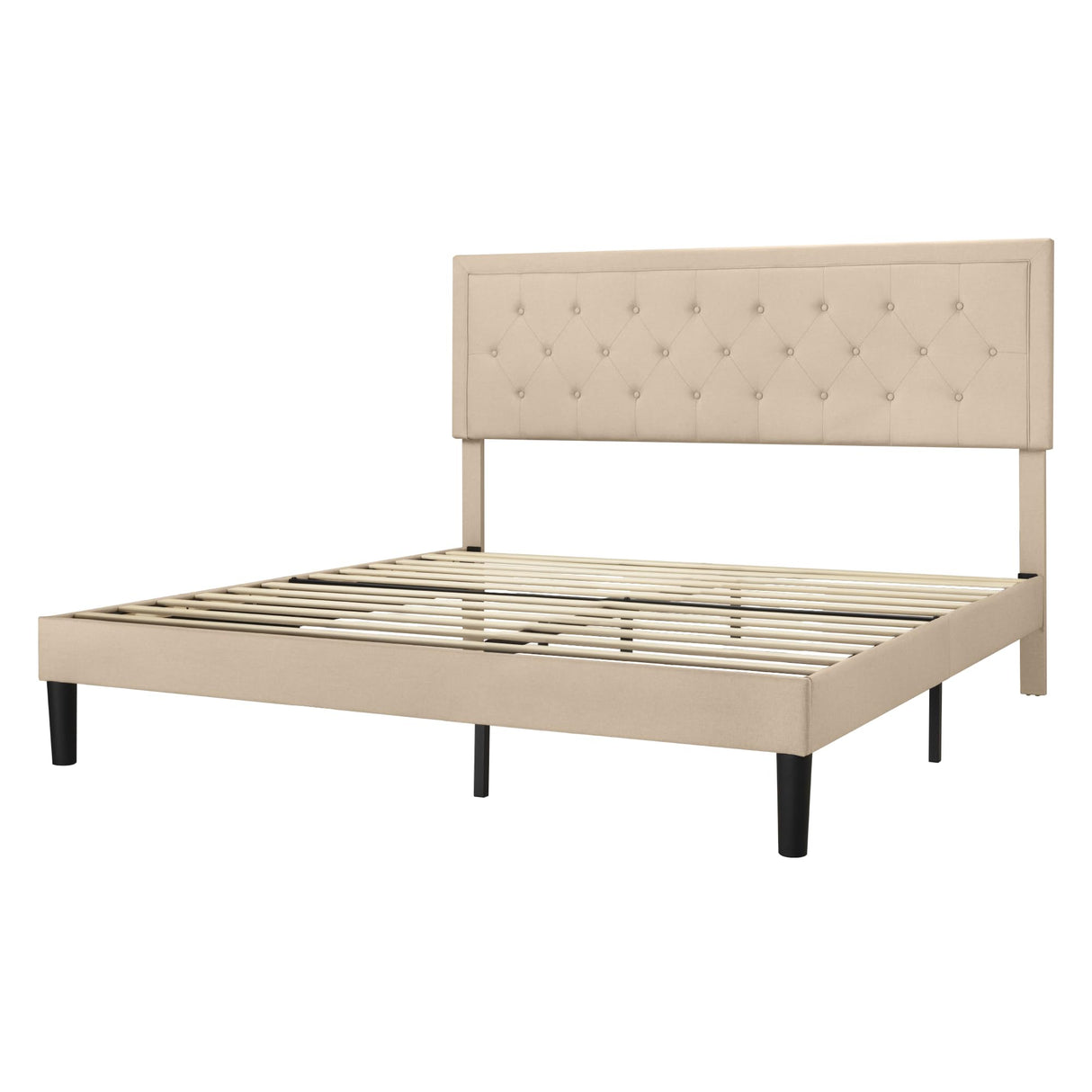 Allewie King Size Fabric Upholstered Bed Frame with Diamond Button Tufted/Adjustable Headboard/Wood Slat Support/Mattress Foundation/Beige Allewie