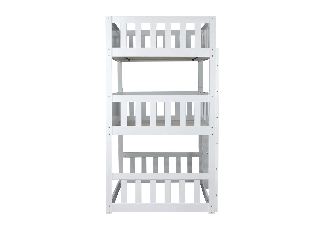 VilroCaz Modern Twin Over Twin Over Twin Triple Bunk Bed, Rubber Wood Detachable Triple Twin Bunk Bed Frame, 3-in-1 Bunk Beds with Ladder and Guardrails for Kids Teens, Maximize Space (White-ON) VilroCaz