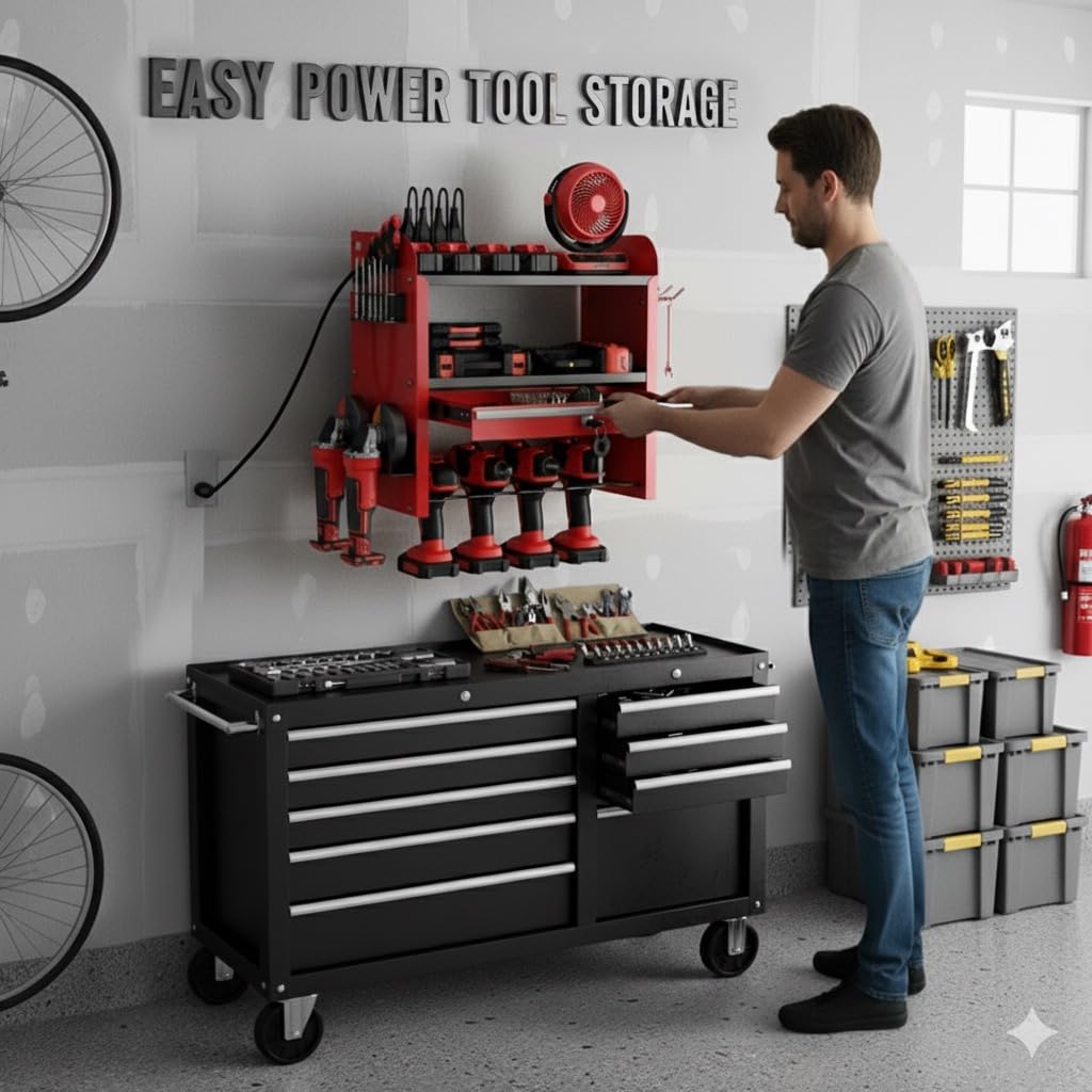 KSVO Power Tool Organizer Wall Mount with Drill Rack & Locking Drawers - Heavy Duty Metal Tool Shelf for Garage, Workshop, Shed, Basement Tool Organization - Gift for Men/Father (Red) KSVO