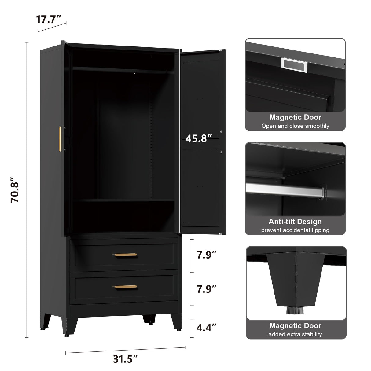 Washsemba 71'' Farmhouse Metal Wardrobe Cabinet with Hanging Rod, 2 Barn Door Wardrobe Closet with Adjustable Shelves,2 Drawer,for Dining Room,Bedroom,Living Room, Cloak Room,Office (Black) Washsemba