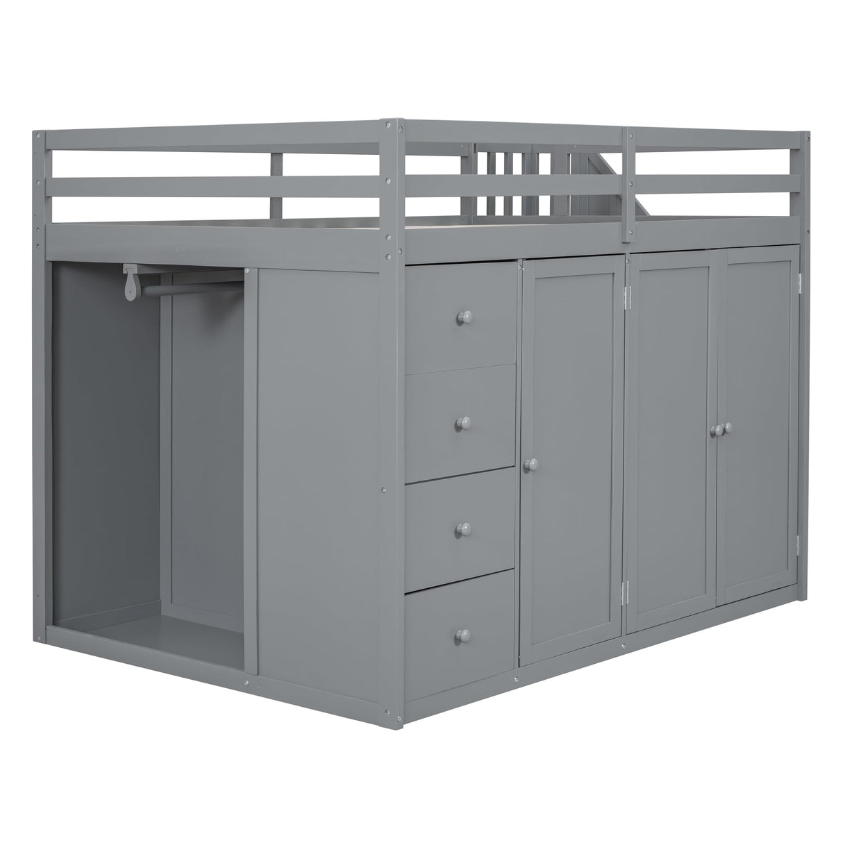 Quarte Multifunctional Loft Bed, Full Size Loft Bed with Built-in Wardrobes, Cabinets and Drawers for Kids Teens Adults, No Box Spring Required (Gray/Pine3, Full) Quarte
