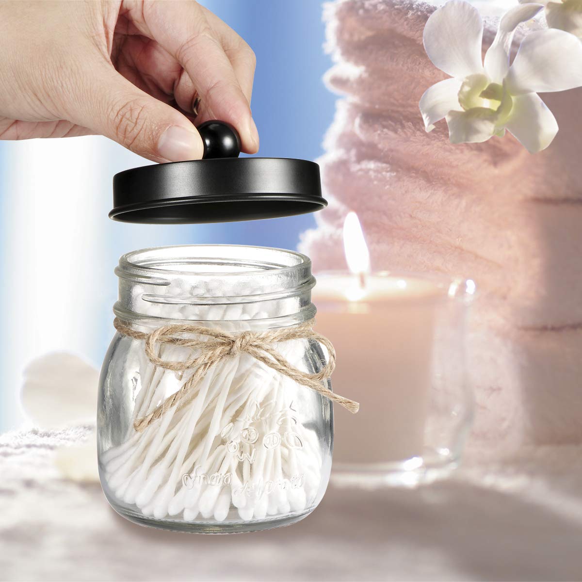 SheeChung Small Mason Jar, Glass Qtip Holder, Apothecary Jars with Lids, Bathroom Organizers and Storage, Bathroom Canister for Q-tips, Cottons, Floss, Balls, Cotton Swabs, Farmhouse Decor-Black SheeChung