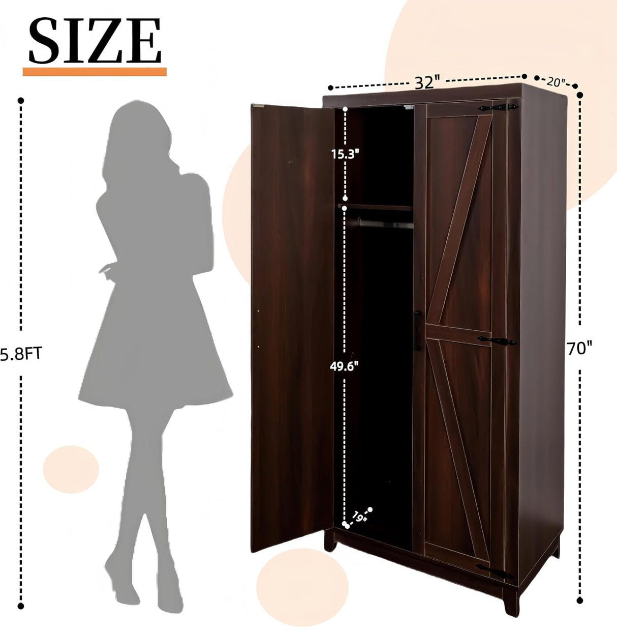 HYDUZ 70" Tall Bedroom Armoire with Hanging Rod for Hanging Clothes, Farmhouse Wooden Wardrobe Closet with Door, Tall Freestanding Clothing Storage Cabinet with Shelf, Espresso HYDUZ