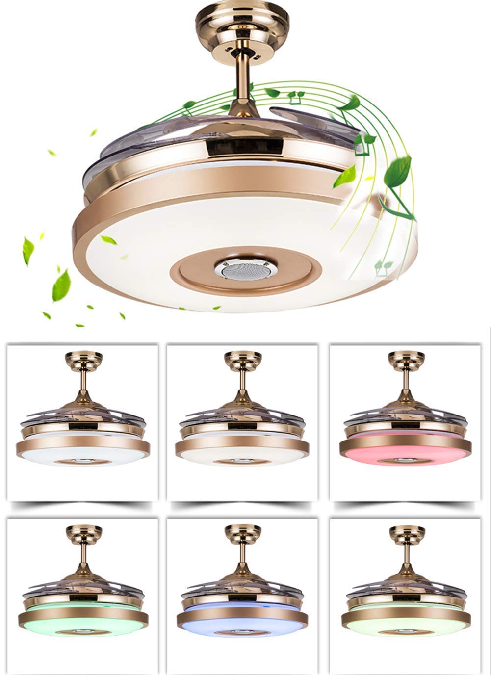 Fandian 36'' Modern Smart Ceiling Fans with Light, Bluetooth Speaker Chandeliers 7 Colors Retractable Blades Fandeliers with Remote Control, Dimmable LED Kits for Indoor Bedroom (36 Classic) Fandian