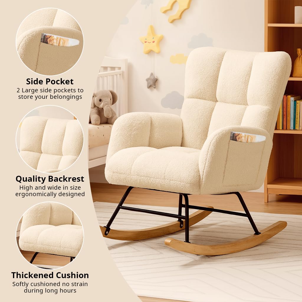 COMHOMA Nursery Rocking Chair, Teddy Upholstered Glider with Side Pockets, Accent Chair with High Backrest Reading Chair for Adult, Nursery, Bedroom, Living Room,Offices(Beige) COMHOMA