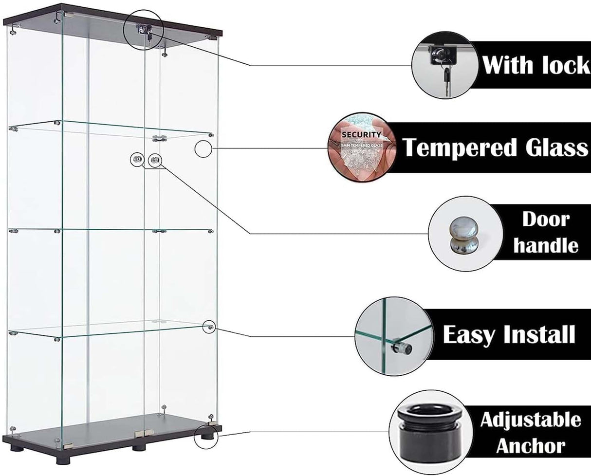 APRILSOUL Glass Display Cabinet 4-Shelf with Double Door, Curio Display Cabinet with 5mm Tempered Glass, Floor Standing Bookshelf for Bedroom, Living Room, 64 x 31.7 x 14.3 in, Black APRILSOUL
