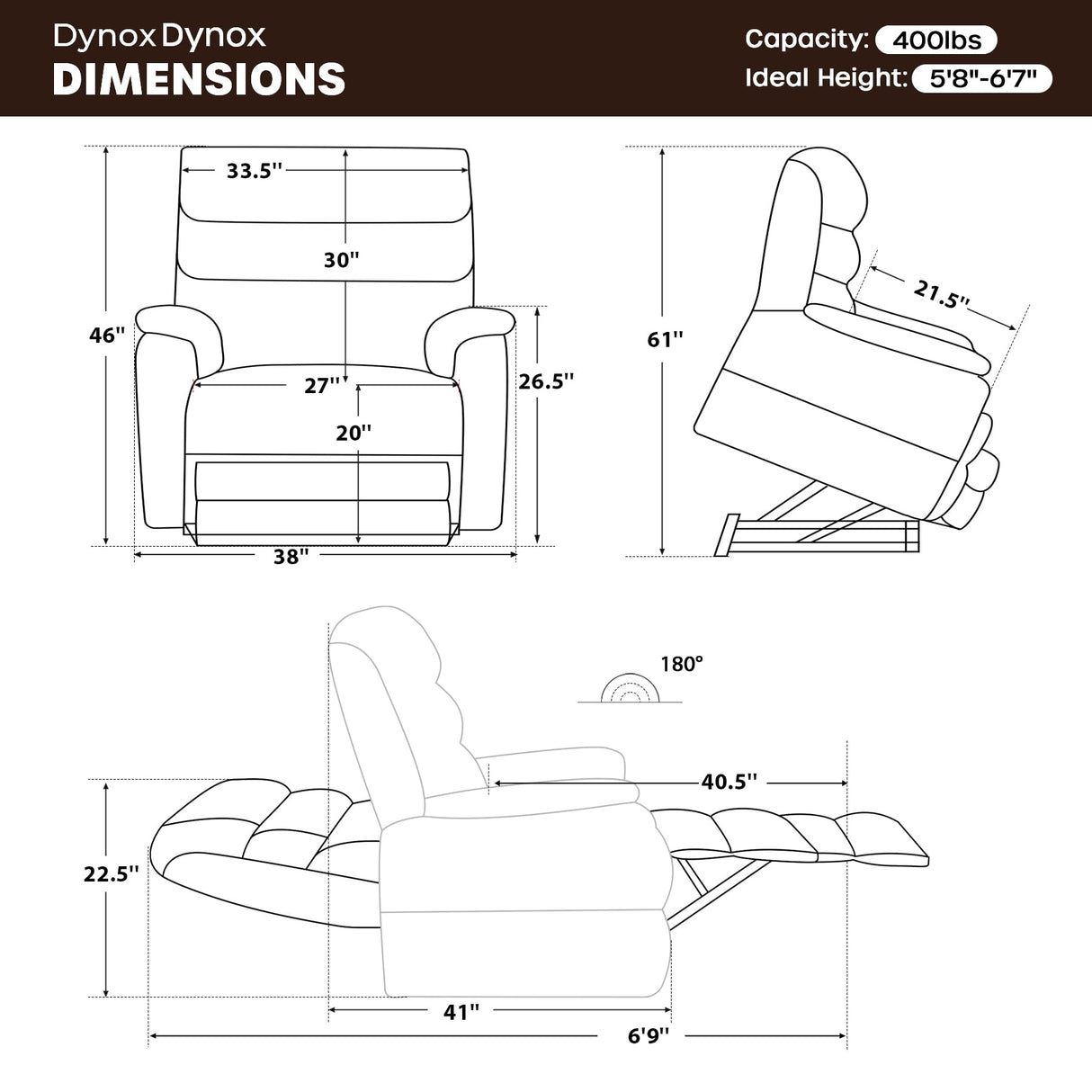 DYNOX 400 LBS Big Tall Man Large-Wide Power Dual Motor Lift Recliners Chairs for Elderly, Lay Flat Lift Chair with Infinite Positions, Heat & Massage, Extended Footrest (9298L,Faux Leather,Brown) DYNOX