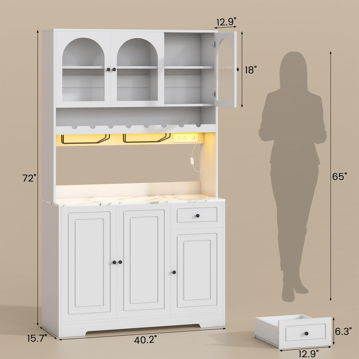 kepptory 72" Coffee Bar Cabinet w/Large Acrylic Wine Display Areas and LED, Wine Bar Cabinet with Long Rack, Storage Hutch, Faux Marble Countertop, for Home Dining Room Kitchen, White kepptory