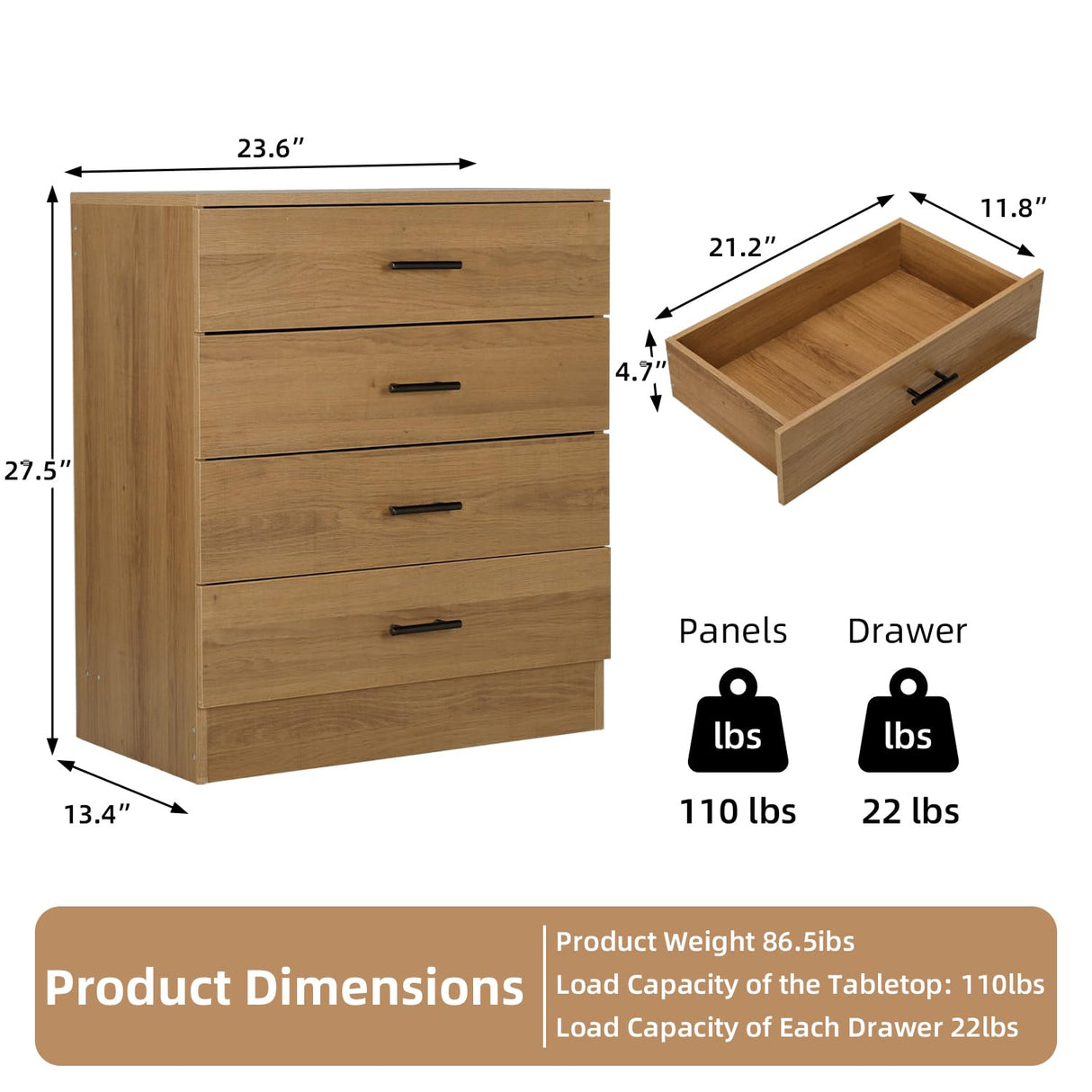 YIGOBUY Wooden Dresser for Bedroom Oak 4 Drawer Tall Dressers Small Chest of Drawers Modern Storage Cabinet Organizer Unit for Closet, Cloakroom, Entryway Comoda para Habitacion con Cajones YIGOBUY