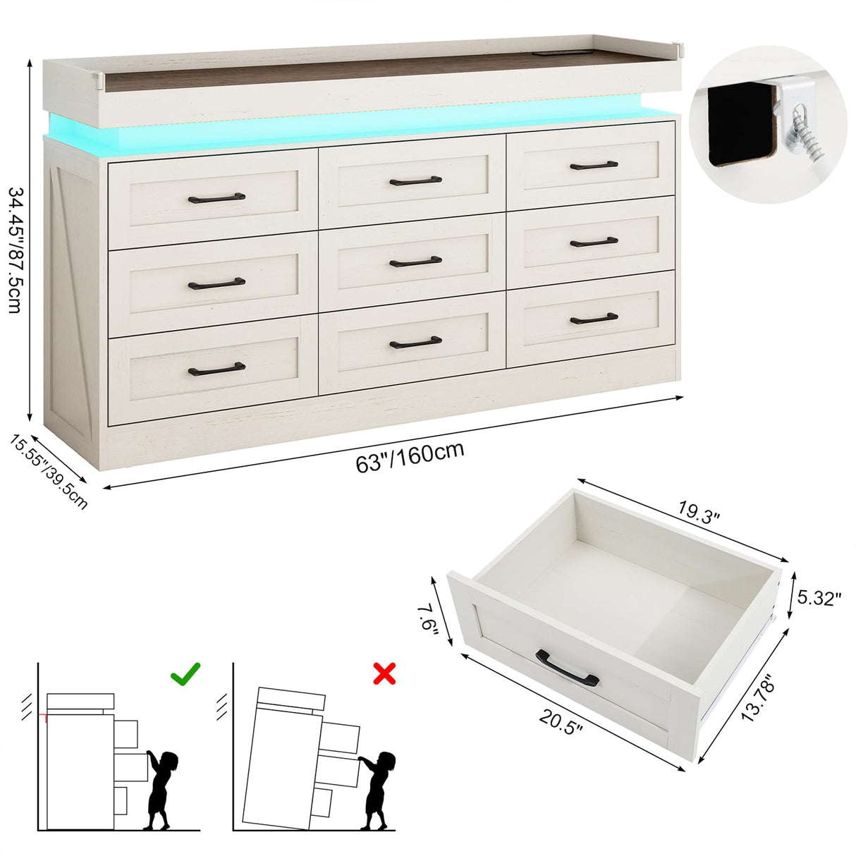 Hlivelood Large Farmhouse 9 Drawers Dresser for Bedroom with LED Light and Power Outlets,63" Wide Wood Rustic 9 Chests of Drawers for Closet,Tall Storage Dresser Organizer for Bedroom(Antique White) Hlivelood