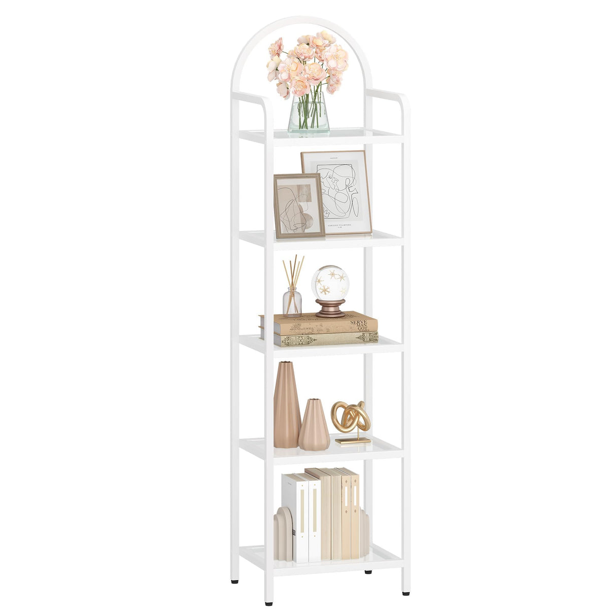 Hzuaneri Bookcase Bookshelf, Tempered Glass Bookshelves, Slim Shelving Unit for Bedroom, Bathroom, Home Office, Steel Frame, 5 Tier White BC05099W Hzuaneri
