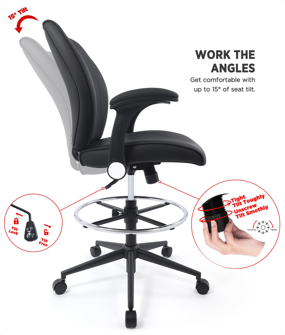 Ergonomic Mid-Back Leather Adjustable Drafting Chair with Flip-up Arms and Foot Ring, Standing-Desk Matched Tall Swivel Computer Office Stool, Black CHAIRMAN
