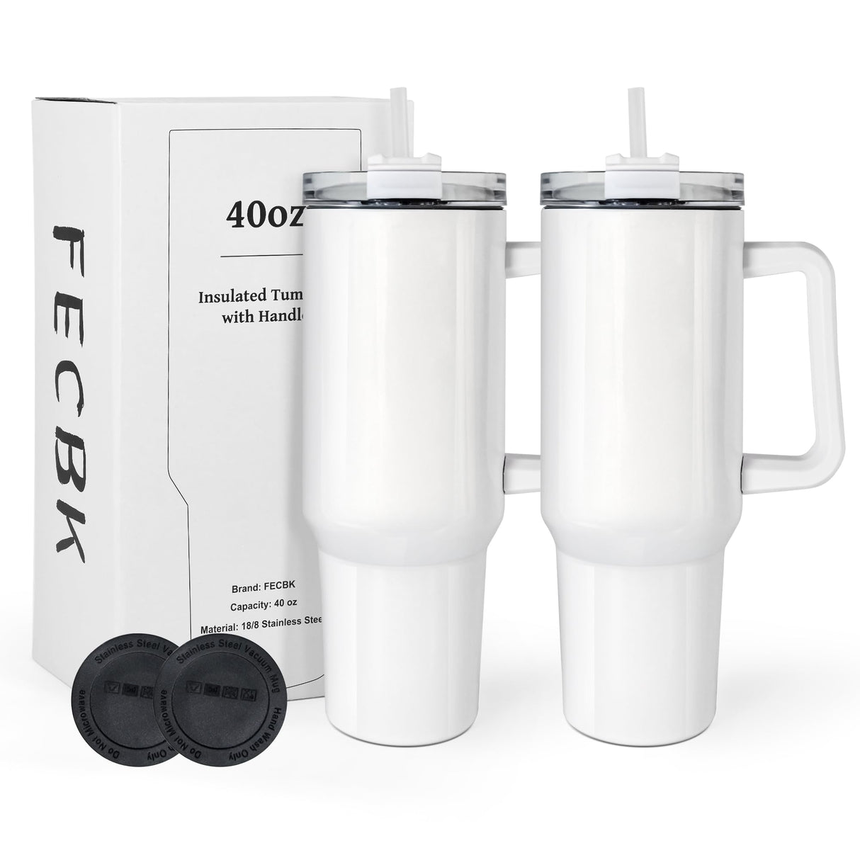 FECBK 40 oz Sublimation Tumbler with Handle and Straw Keeps Cold for 34 Hours 2 Pack Stainless Steel Double Wall Vacuum Insulated Travel Mug Cup Tumblers Bulk Sublimation Blank White FECBK