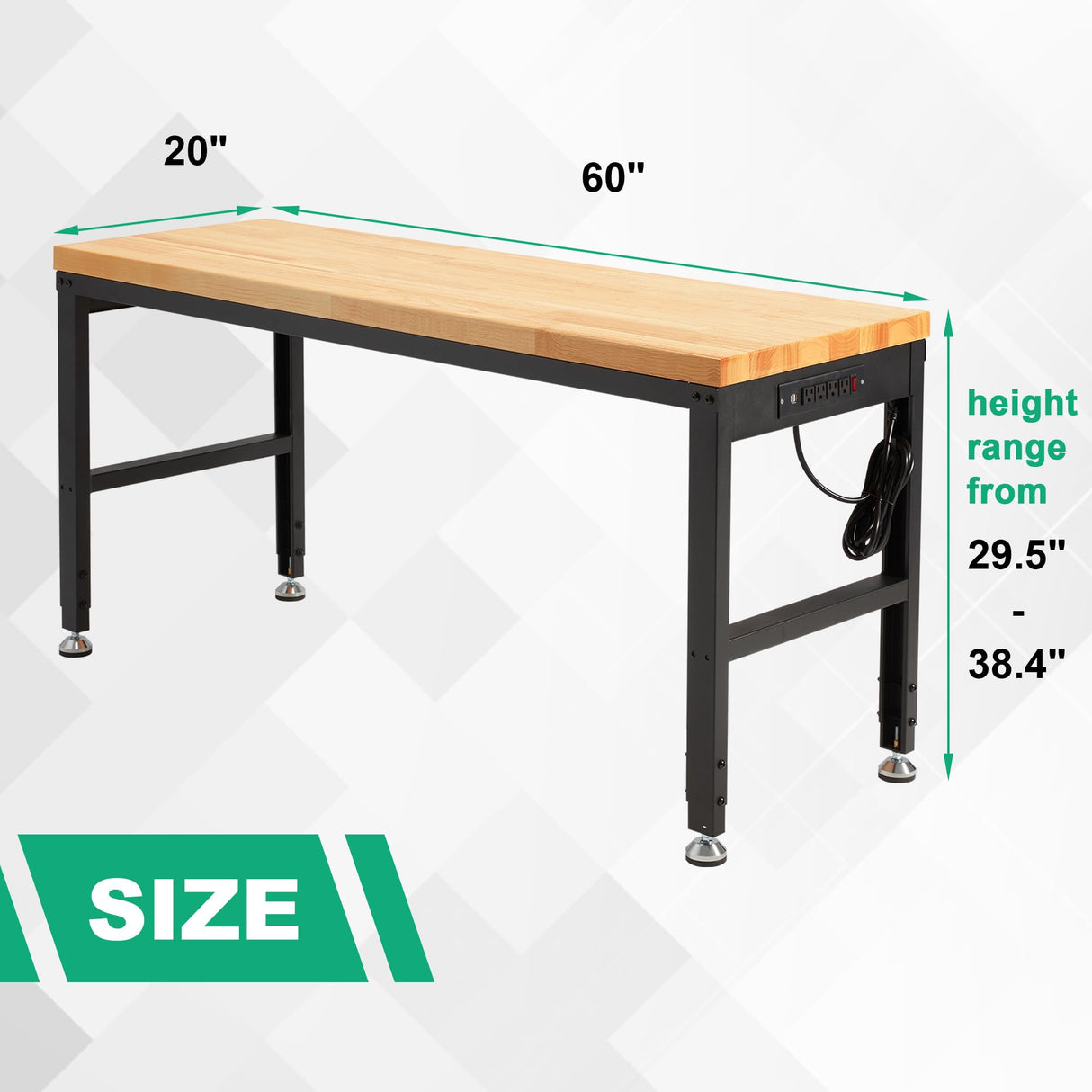 HABUTWAY Height Adjustable Workbench, 60"x20" 2000 Lbs Capacity Solid Wood Work Station Heavy-Duty, with Power Outlets, for Garage Party Shop Office HABUTWAY