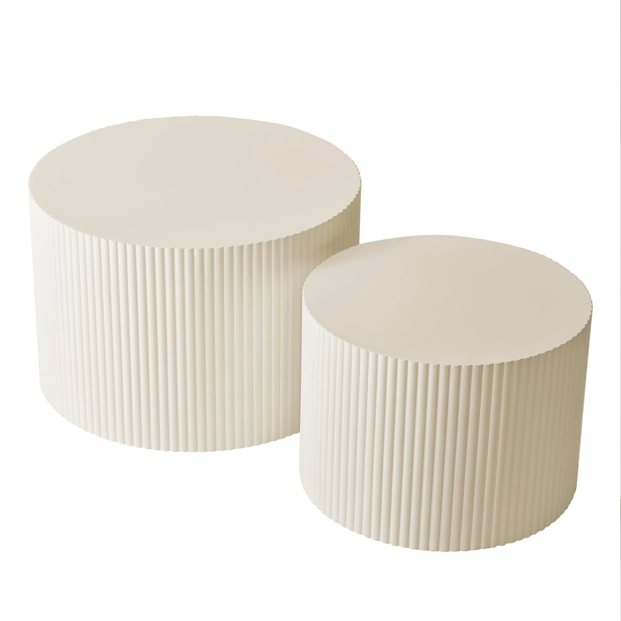 Nesting Coffee Table Set of 2, Modern Drum Side Table End Table, Wave Stripe Round Coffee Table for Living Room, Bedroom, Beige KIGFTSOD