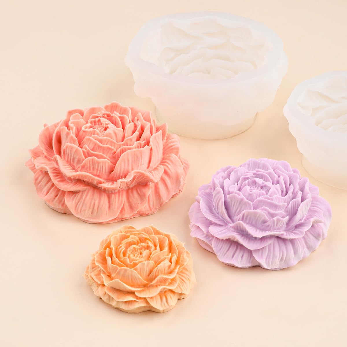 3D Peony Flower Silicone Molds Set, 3 Sizes, for Candle Making, Soap, Resin Crafts JIECHOGJ