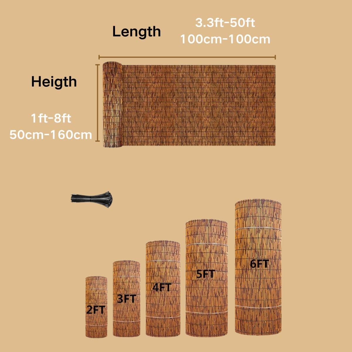 Natural Bamboo Fencing Rolls 2FT 4FT 6FT 8FT 9FT 16.4FT Decorative Bamboo Fence Screen Curtain Balcony Fence Bamboo Screen Fencing for Outdoor Backyard Patio(Brown) WoodArtSupply