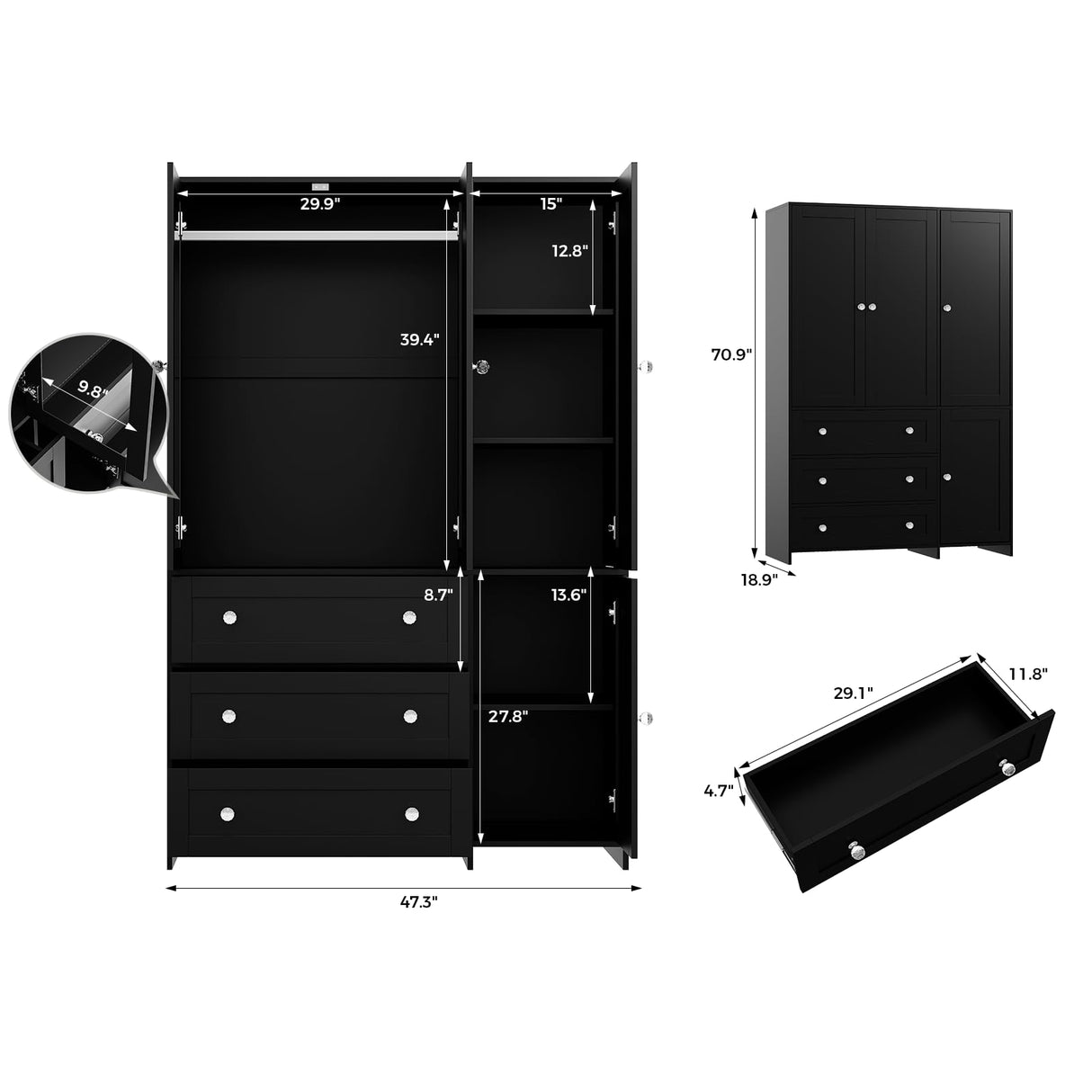 VOWNER Armoire Wardrobe Closet with Drawers and Mirror, 71" Clothing Storage Cabinet with Hanging Rod, 4 Doors Wooden Wardrobe Cabinet for Bedroom, Large Capacity Storage, Black VOWNER