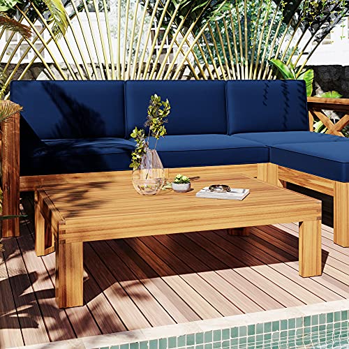 FAVSH 5-Piece Wood Sectional Sofa with 2 Corner Sofas+Armless Couch & Table+Ottoman, Outdoor Patio Seating Group Set w/Cushions,Blue FAVSH