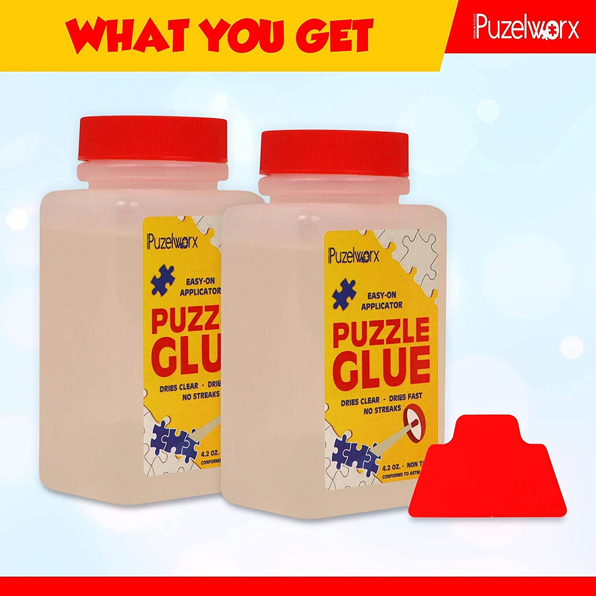 PuzzleWorx Jigsaw Puzzle Glue, Easy-On Applicator Pack of 2, Non Toxic Clear Glue for 1000/1500/2000 Piece Puzzles 4.2 oz Each Bottle (Total 8.4) Playkidz
