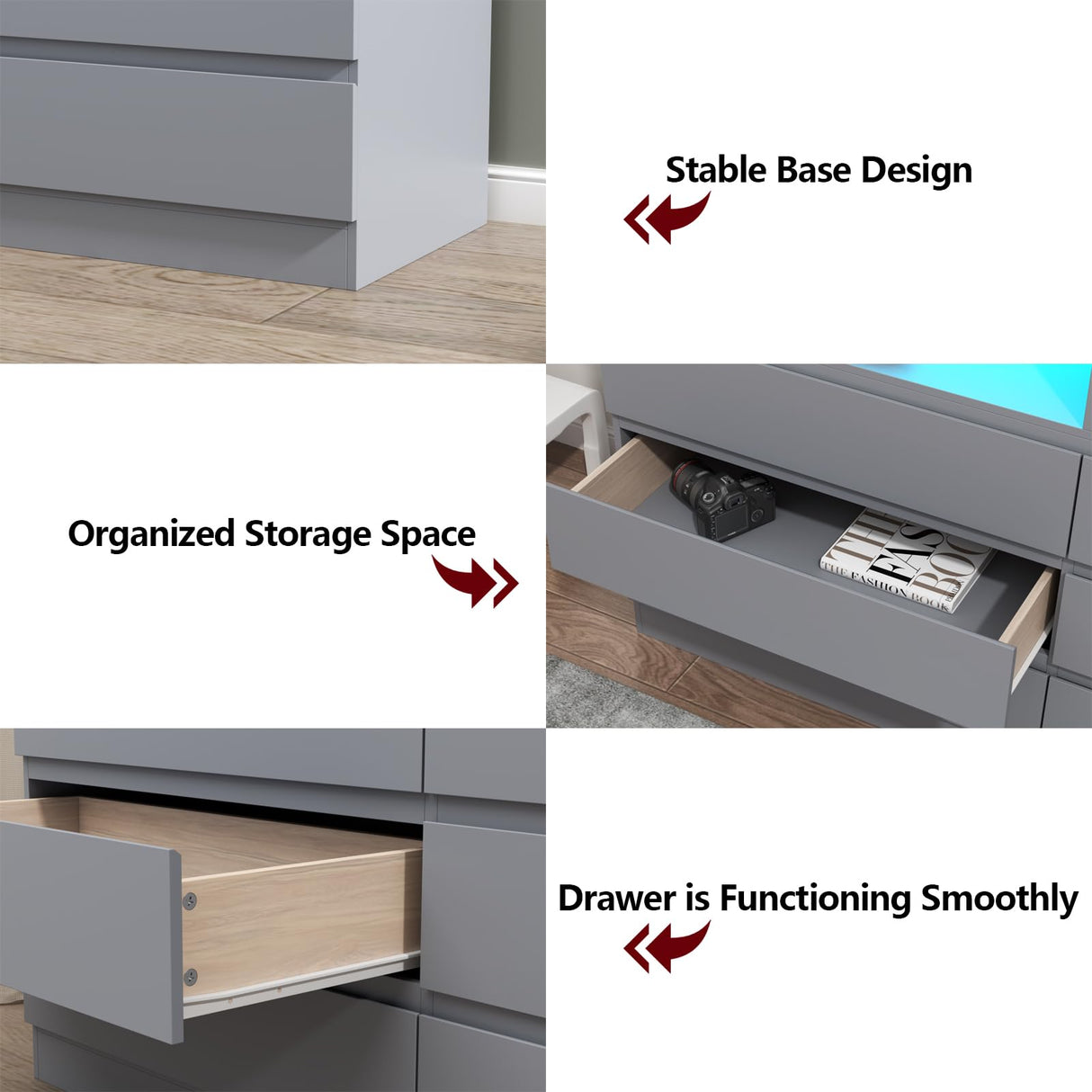 Gyfimoie 6 Drawers Dresser with Power Outlet, Accent Chests of Drawers with LED Light, Modern Storage Dresser for Bedroom, Living Room Gyfimoie