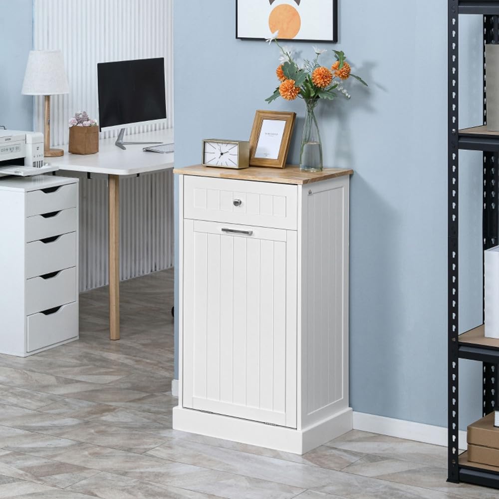 Sardoxx Wooden Tilt Out Trash Cabinet Kitchen Trash Can Rack Garbage Recycling Bucket Kitchen Cabinet with Drawer, Hidden Garbage Cabinet with Angle Adjustable Door, White Sardoxx