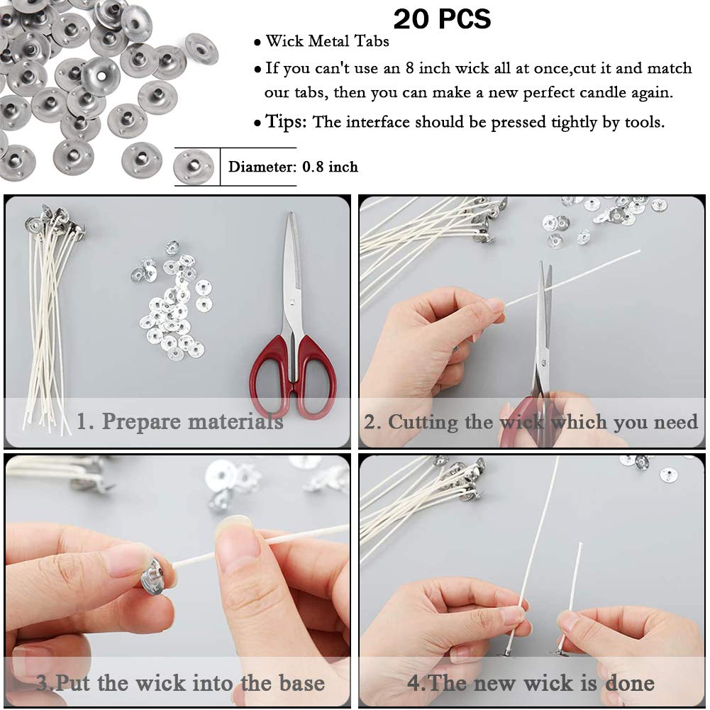 Bulk Cotton Candle Wick 8" Pre-Waxed 80 Pcs with 60Pcs Candle Wick Stickers, 5Pcs Candle Wick Centering Device and 20PCS Metal Tabs for Candle Making (80pcs 20cm Wick kit) ANTUNIHOD