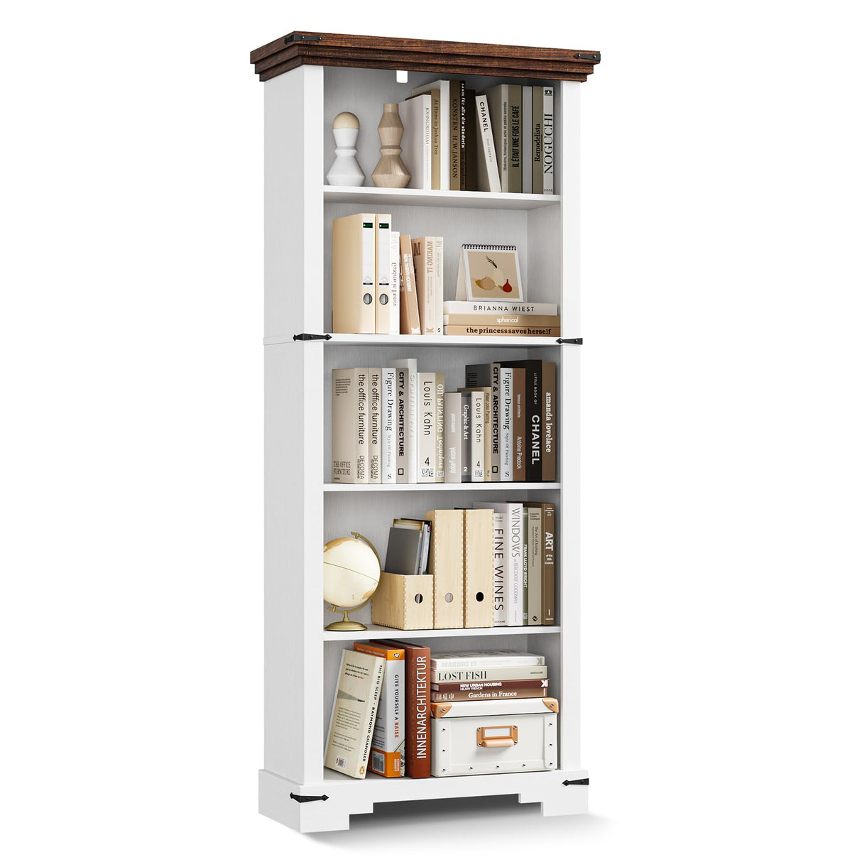 HOTLUU 5-Tier Farmhouse Bookshelf, 61.1 inch Tall Bookcase with Storage & Unique Design & One Adjustable Shelf, Wooden Bookshelf for Study Room, Living Room, Home Office, Bedroom (White) HOTLUU