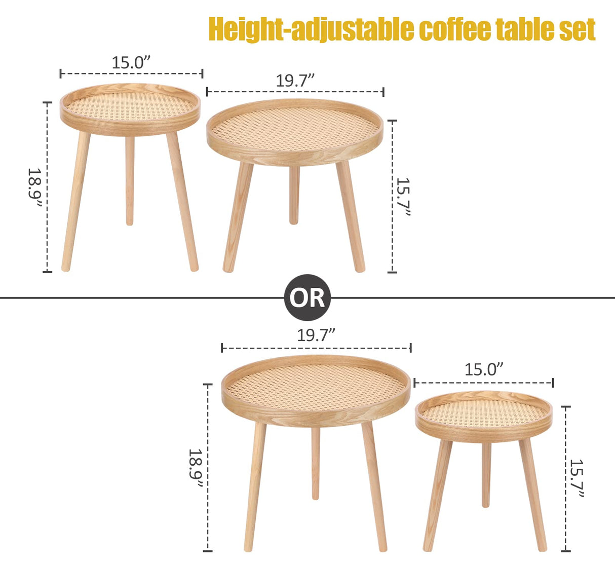 Round Coffee Table Set of 2, Natural Boho Coffee Table, Small Mid Century Modern Rattan Coffee Table, Boho Side Table End Tables for Living Room Bedroom Office Balcony ZYBT