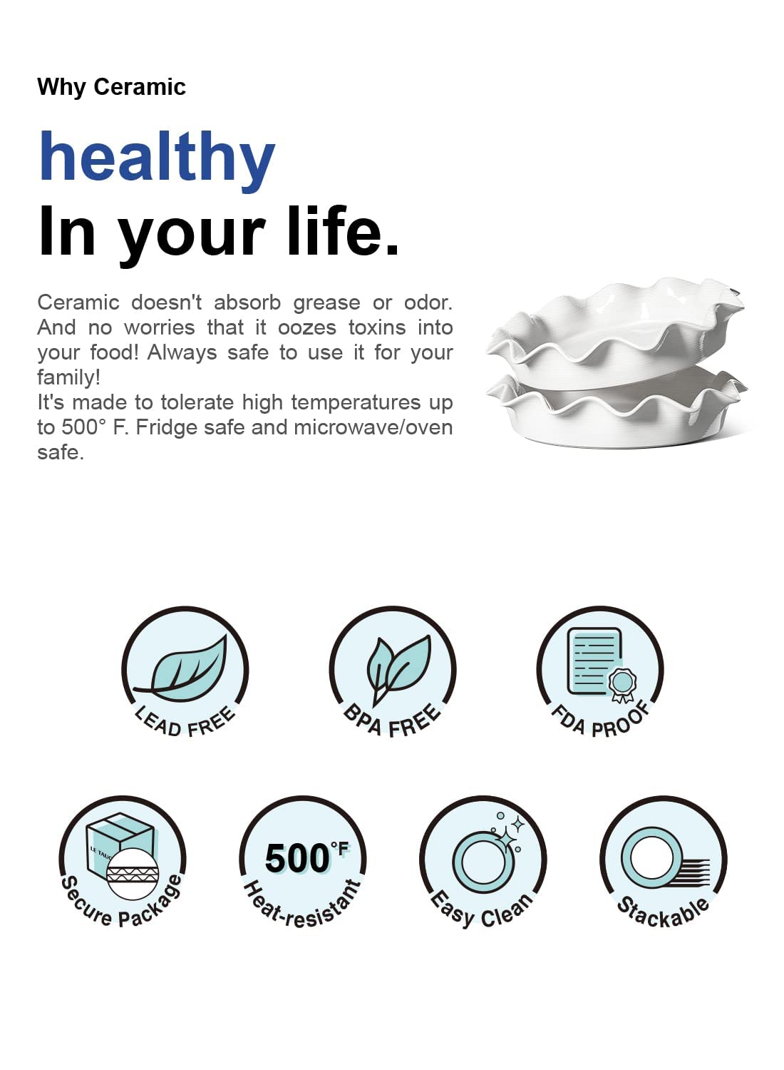 LE TAUCI Ceramic Pie Pans for Baking, 11 Inches Deep Dish Pie Plate for Apple Pie, Pot Pie, 48 Ounce Baking Dish with Ruffled Edge, Set of 2, White LE TAUCI