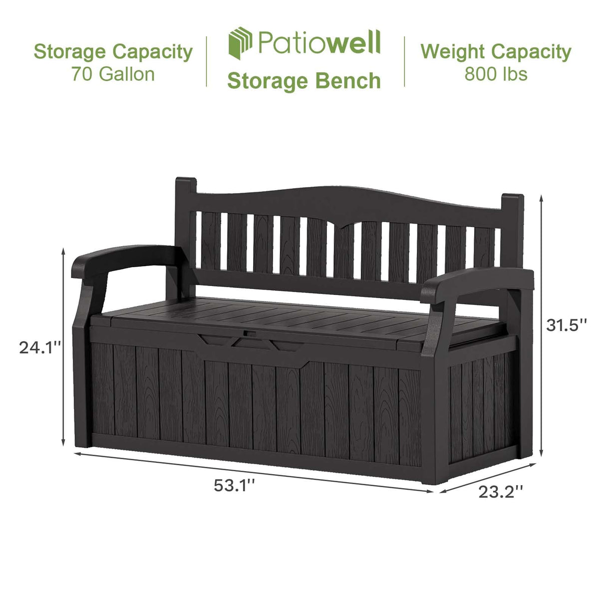 Patiowell 70 Gallon Plastic Storage Bench, Water-Resistant Deck Box for Patio Furniture, Garden Tools, Pool Storage and Outdoor Cushions, Black Patiowell