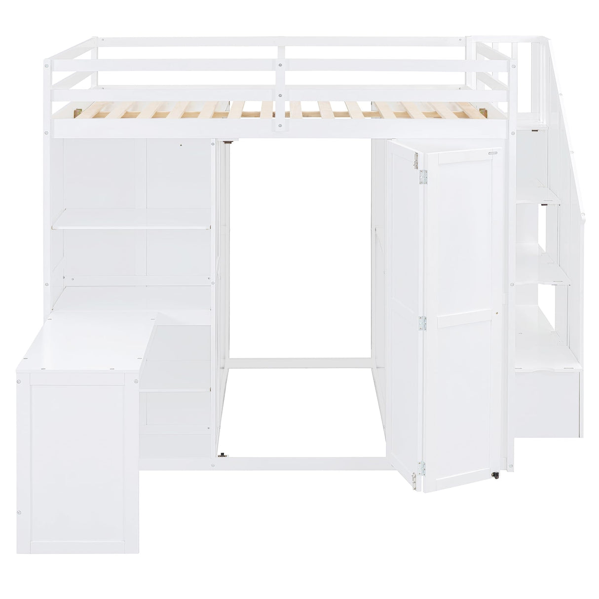 Merax Full Size Loft Bed, Wood Bedframe with Wardrobe, Storage Stairs, Desk and Shelves for Kids Teens Adults Bedroom, White Merax