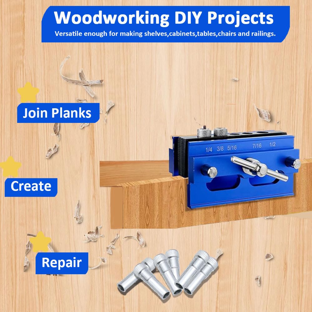 CIFUPUQU Self Centering Dowel Jig Kit,Adjustable Width Dowel Jig for Straight Holes with Elongated Jaws and Extra Wide Clamp,Biscuit Joiner Set with 6 Drill Guide Bushings CIFUPUQU
