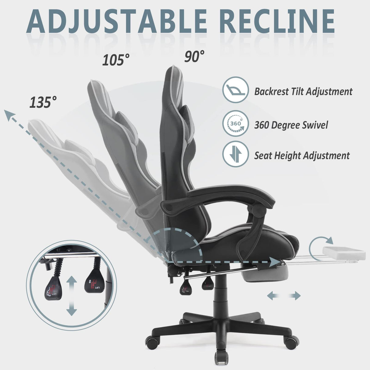 Ferghana Grey Gaming Chairs with Footrest,PC Gaming Chair,Computer Chair, E-Sports Chair,Ergonomic Office Chair with Adjustable Headrest and Lumbar Support(Grey) Ferghana