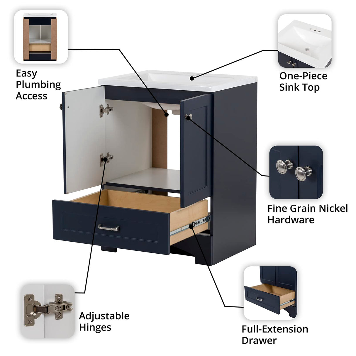 Spring Mill Cabinets Emlyn 24 Inch Bathroom Vanity with White Single Sink Top, 2-Door Cabinet, 1 Drawer, 24.5" W x 18.75" D x 32.89" H, Deep Blue Spring Mill Cabinets