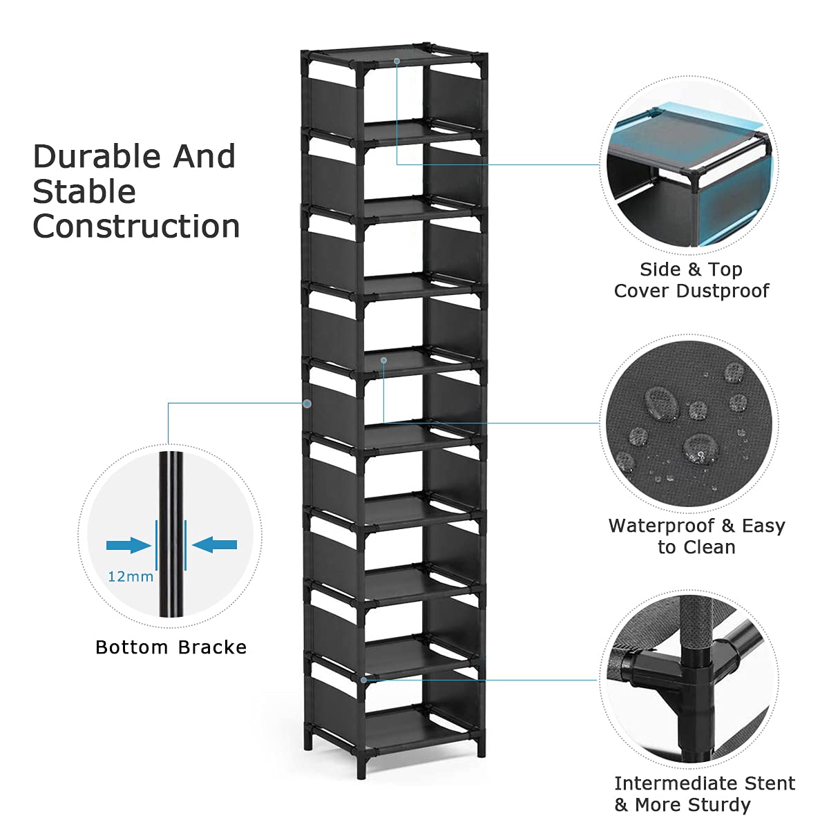 esonstyle 10 Tiers Shoe Rack, Space Saving Shoe Shelf Organizer, Tall Narrow Shoe Rack for Door Entryway, Closet esonstyle