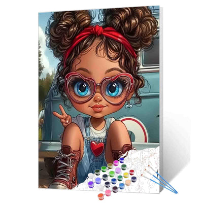 DIY Paint by Numbers for Adults African American Girl Painting Acrylic Paint DIY Digital Oil Painting Cute Little Girl Painting Kits Vintage Car Canvas Art Living Room Decor 16x20 Inch(Without Frame