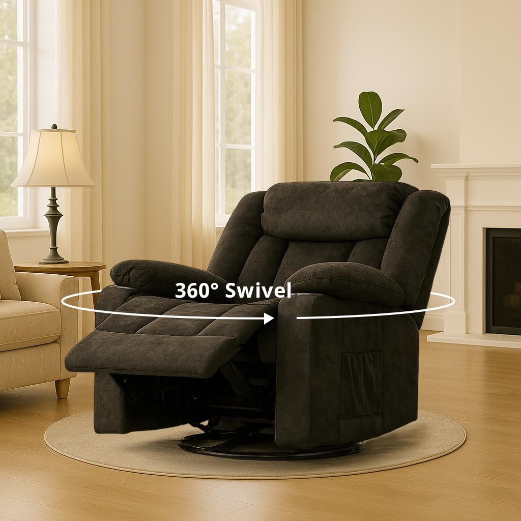 COMHOMA Recliner Chair,360°Swivel Rocker Recliners with Cup Holders&Side Pockets,Manual Reclining Single Sofa,Fabric Upholstered Lounge Chairs for Living Room,Black COMHOMA