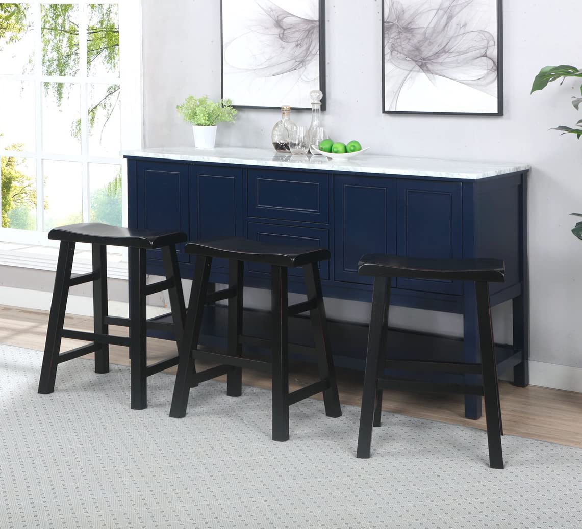 eHemco Heavy-Duty Solid Wood Saddle Seat Kitchen Counter Height Barstools, 24 Inches, Black, Set of 3 eHemco