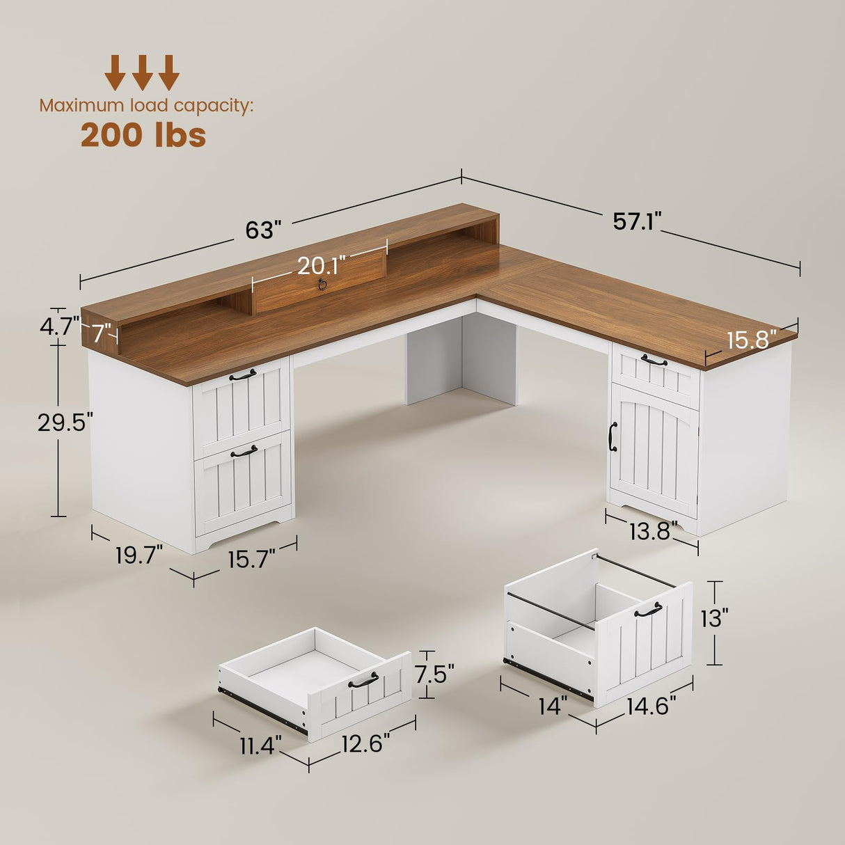 SEDETA Farmhouse L Shaped Desk with Drawers, 63" Office Desk with File Drawers, Wood Corner Computer Desk with Storage, Home Office Desk with Monitor Stand and Storage Cabinet, Brown and White SEDETA