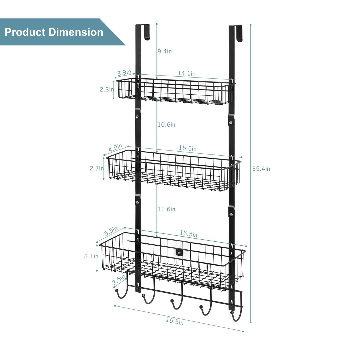 Over the Door Pantry Organizer 3 Tier Hanging Basket Back Door Storage Rack Shelf Metal Over the Door Shelves with 3 Baskets and 5 Hooks for Bathroom Kitchen Pantry Bedroom, Black ETELI