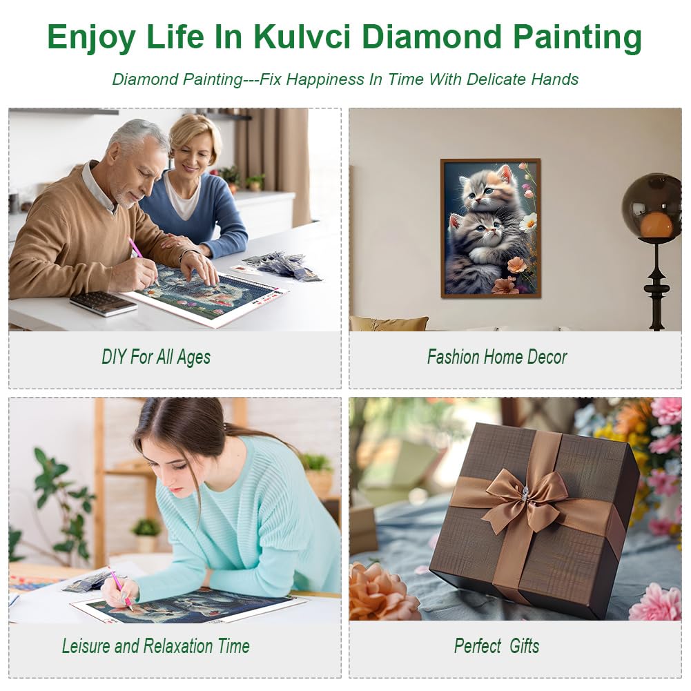 Kulvci Diamond Painting Kits for Adults, Cat Diamond Art Kits for Beginners, 5D DIY Full Drill Gem Craft for Home Decor Gift 12x16inch Kulvci