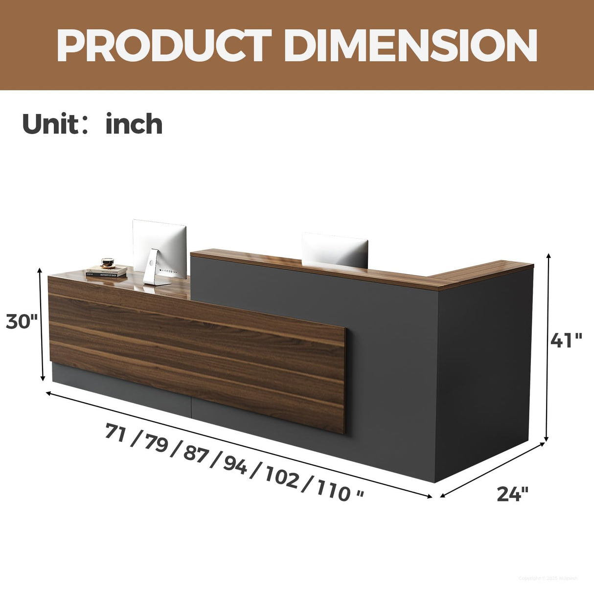 Modern L-Shaped Reception Desk with Hutch, Office Reception Counter Table with Lockable Drawer and Door Cabinet, Wooden Computer Front Desk (Walnut+lron Gray-Right Cabinet, 62.99"L*23.62"W*41.34"H) Nuipesn