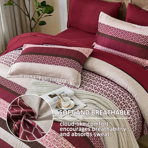 DJY Boho Comforter Set King Size,7 Pieces Bed in a Bag Burgundy Red Striped Bedding Sets,Patchwork Soft Microfiber Bedding Set for All Season(104"x90") DJY