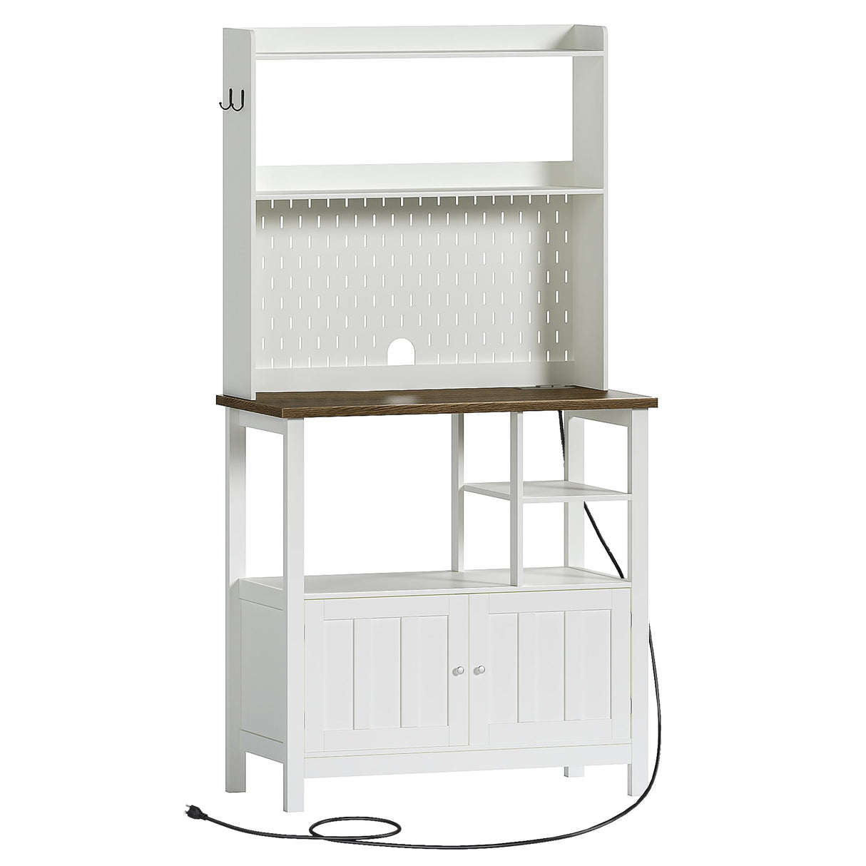 ChooChoo Pantry Cabinet with Charging Station, Kitchen Storage Cabinet with Microwave Stand, Farmhouse Kitchen Hutch with Storage for Living Room, Dining Room, Soft White ChooChoo