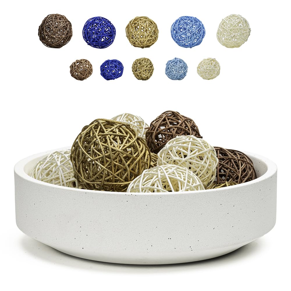 VELOVA Large White Concrete Decorative Bowl with 24 Decorative Balls, Fruit Key Holder Bowls Boho Modern Home Decor Accent for Dining Room Centerpiece Living Room Coffee Table Shelf Entryway Rattan VELOVA