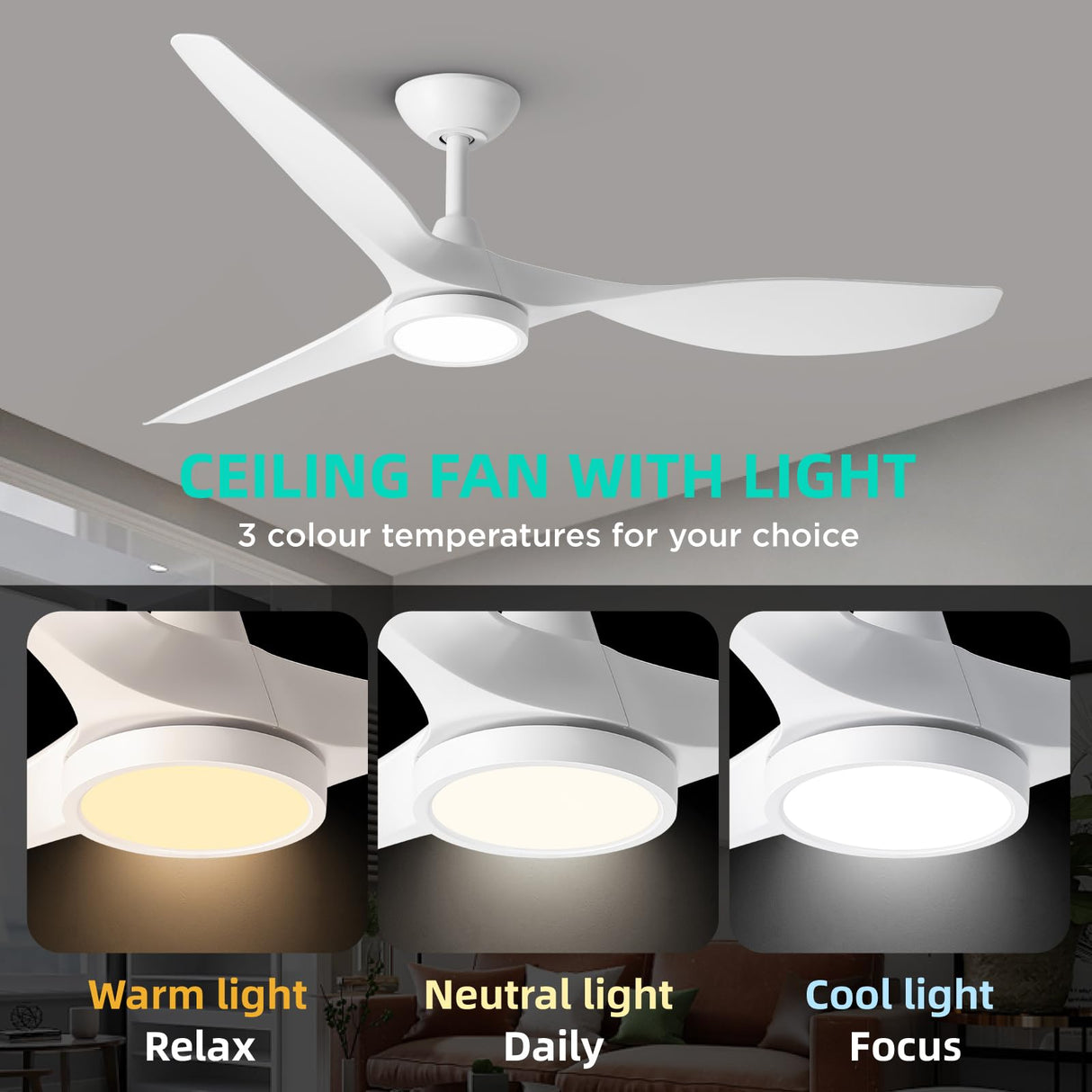 Roomratv Ceiling Fans with Lights,Large Airflow 52inch Modern Ceiling Fan with Quite Reversible DC Motor 3 Color Temperature LED Light (White) Roomratv