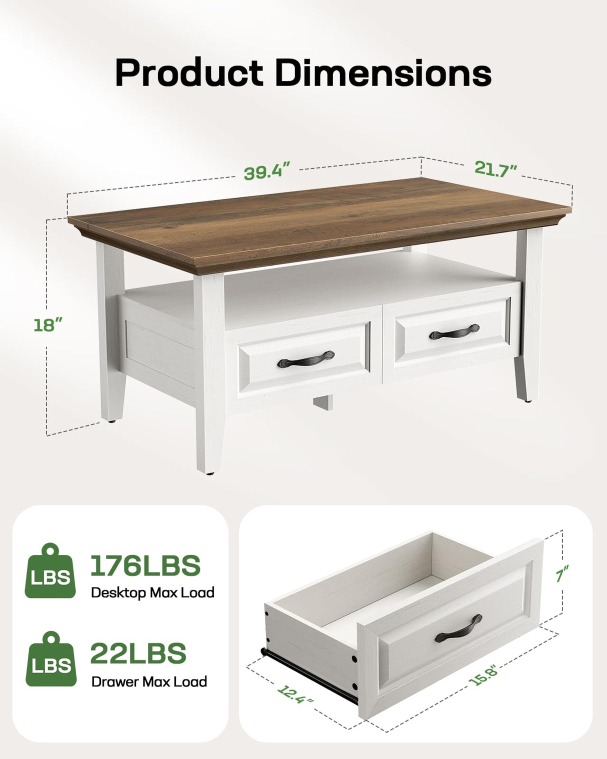 Marsail Farmhouse Coffee Table with Storage, 39.4" Wood Coffee Table for Living Room, Rustic Center Table with 2 Drawers, Open Display Area, Brown&White Marsail